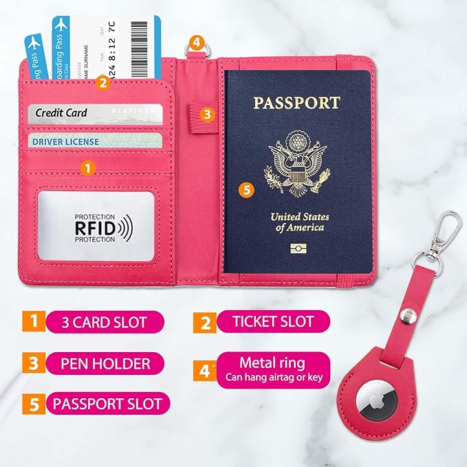 Cnycmy Passport Holder with Airtag slot,Passport-Wallet-Holder for Women,for Family, Rfid Passport Book Card Slot Waterproof, passport holder for travel (rose red1)