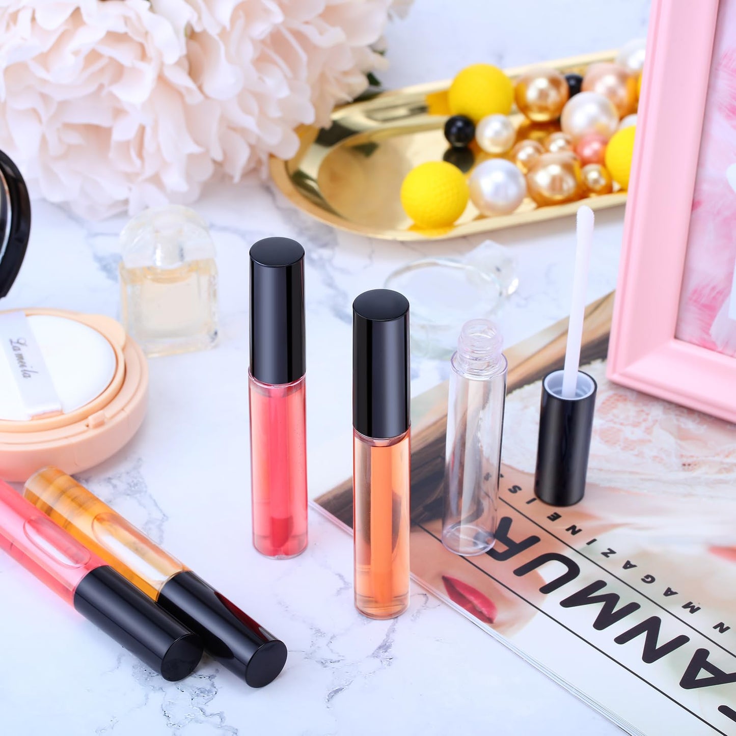 Nuanchu 100 Pcs 10 ml Empty Lip Gloss Tubes Clear Mini Refillable Balm Containers Bottles Plastic Lip Gloss Containers with Wand and Rubber Inserts DIY Makeup(Black)