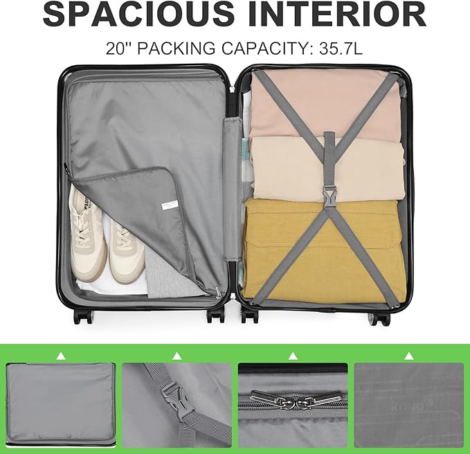 Kono 20'' Carry on Luggage Lightweight with Spinner Wheel TSA Lock Hardside Luggage Durable Small Carry on Suitcase Apple Green