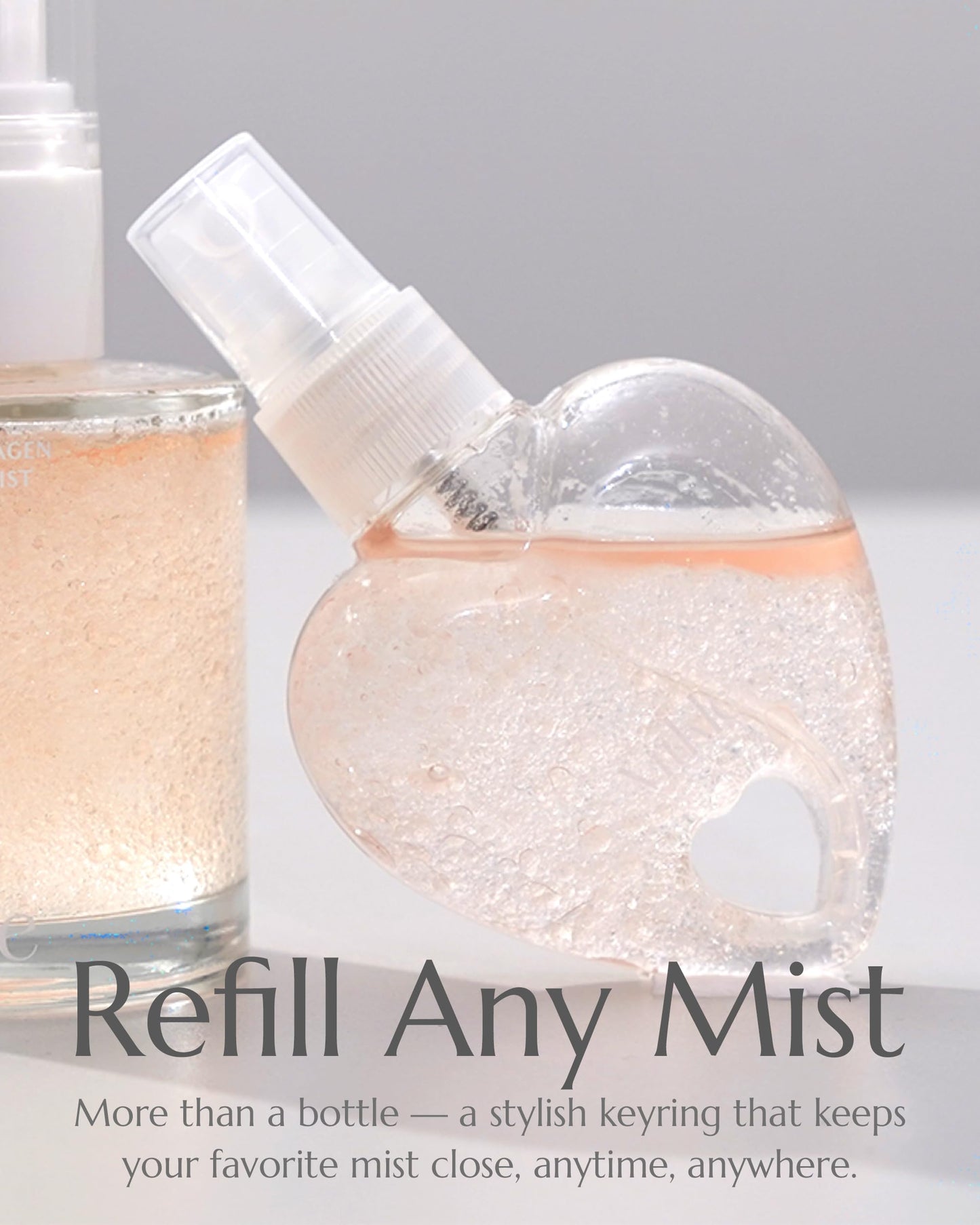 Vitkle Heart Shape Clear Keychain Refillable Bottle - Korean Travel Portable Mini Spray Container for Face Mist Serum Toner Skincare Products, 1.69 fl.oz.