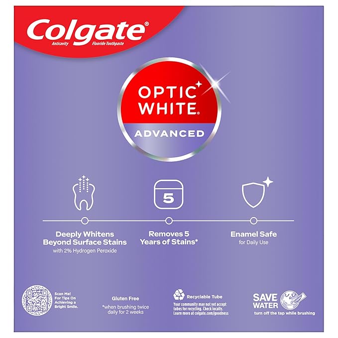 Colgate Optic White Advanced Hydrogen Peroxide Toothpaste, Teeth Whitening Toothpaste Pack, Enamel-Safe Formula, Helps Remove Tea, Coffee, and Wine Stains, Sparkling White, 3 Pack, 3.2 oz