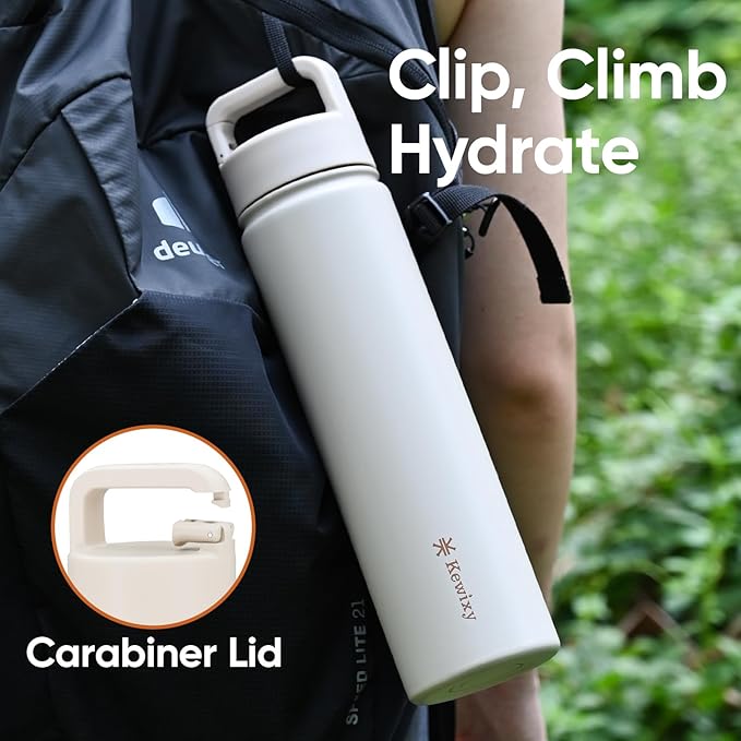 24 oz Insulated Water Bottle, 2-in-1 Lid, Straw & Spout with Protected, Leak Proof, Keep Cold, Stainless Steel, Metal, Reusable, Handle, for Travel, Gym and School, 2 Lids, Mousse