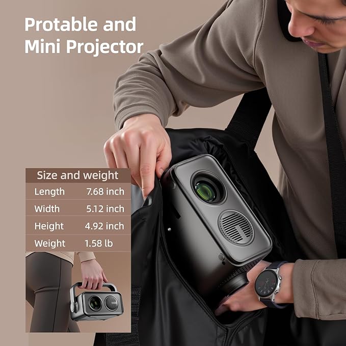 BKZ 2025 upgraded 360°Adjustable Dual Stand AI Auto Keystone Electric Focus Mini Portable Projector with Bluetooth 5.4, 1080P support Outdoor movie Projector compatible with HDMI/USB/Phone (Black)