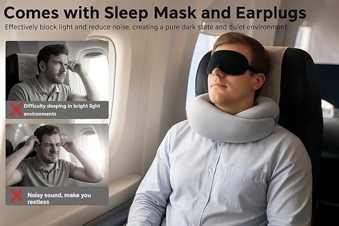 Travel Pillow, Travel Pillows for Airplanes, 100% Pure Memory Foam Travel Neck Pillow with Eye Mask & Ear Plugs, Comfort and Ergonomic Design, Ideal for Airplanes, Cars and Offices