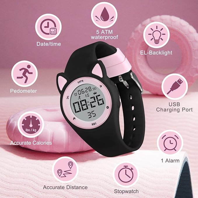 Kids Watches for Girls Boys Digital Sport Watch with Step Counter Pedometer Vibration Alarm Clock, No App Waterproof Fitness Tracker Kids Watch Boys Girls Teens Students Ages 5-16