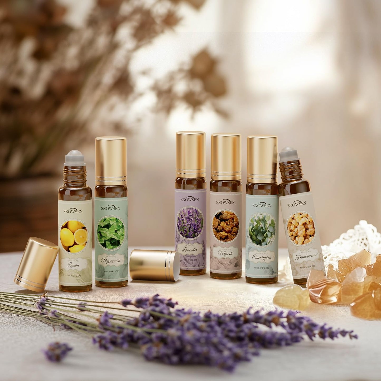 Essential Oils Roll on Set, Aromatherapy Oils with Roller Ball for Skin, Natural Essential Oil Roller Gift Set with Lavender, Peppermint, Frankincense, Eucalyptus, Lemon, Myrrh