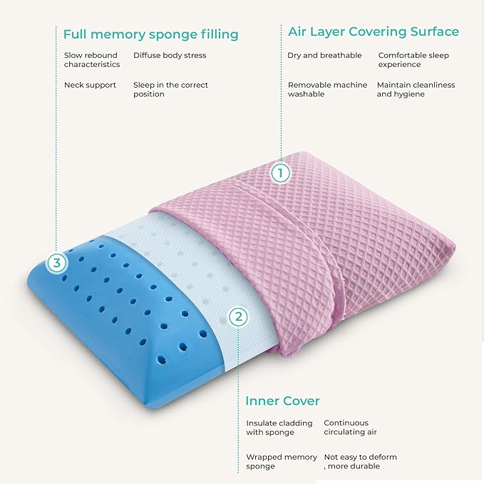 Travel Pillow Memory Foam Pillows, Camping Pillow-Compressible Medium Firm, Breathable Cover, Ideal Backpacking Hiking, Bed Pillows, Airplane and Car (Apricot Pink, L)