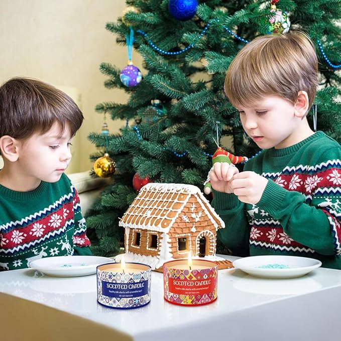 Set of 4 Lavender&Juniper, Fig, Clove and Cherry Scented Candles Gift Set for Christmas Women, Small 4.4oz Decorative Natural Soy Wax Aromatherapy Candles with Lids in Flower Tins for Home Decoration