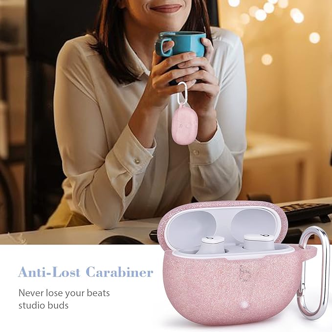 AIRSPO Silicone Case Compatible with Beats Studio Buds Case 2021 Soft Protective Cover for Beats Wireless Earbuds with Keychain (Glittery Rose Gold)