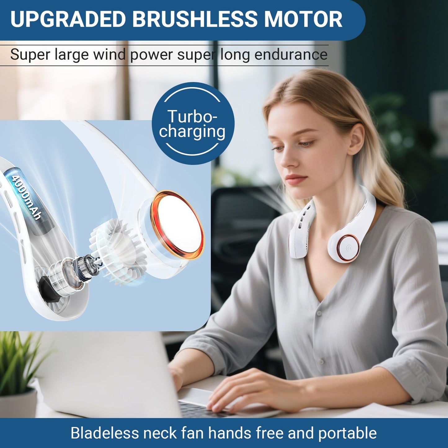 2 Pack Portable Neck Fan, Hands-Free Bladeless Design, 3 Speeds & 64 Cool Lights, 4000 mAh Battery Operated Rechargeable Wearable Personal Fan for Summer Cooling, Ideal for Outdoor, Indoor, Travel