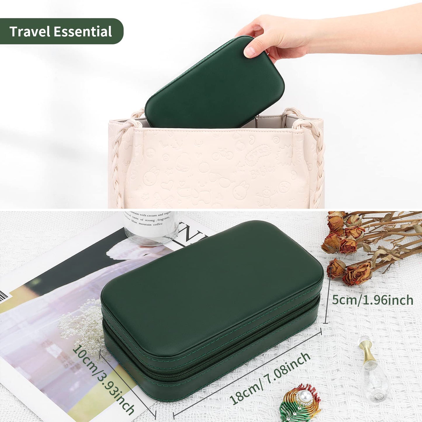 DesignSter Travel Jewelry Box, PU Leather Portable Jewelry Case, Small Jewelry Boxes for Gifts, Travel Jewelry Organizer for Women Rings Earrings Necklaces Bracelets (Dark Green)