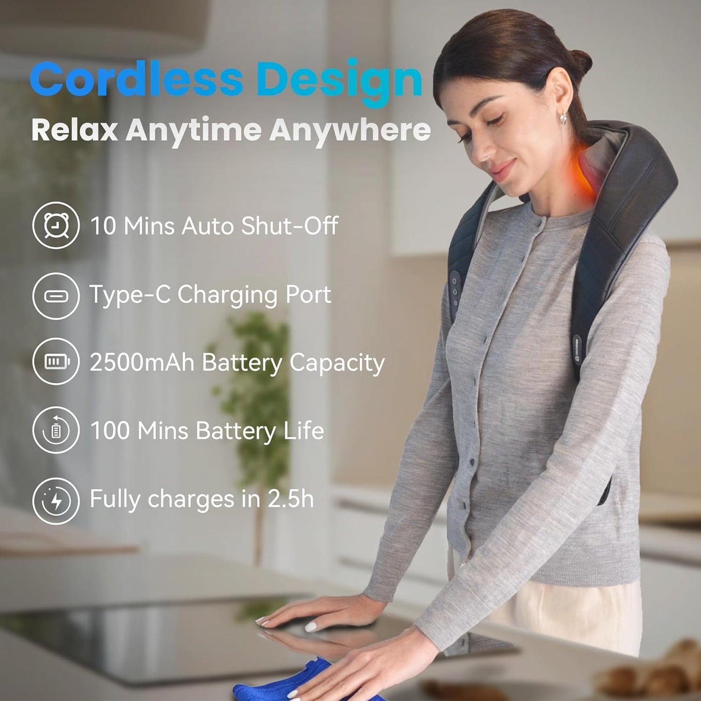 COMFIER Cordless Neck Massager with Heat, 4D Kneading Neck and Shoulder Massager Deep Tissue, Shiatsu Neck Back Massager Pillow, 2 Heating Levels,Gifts for Mom Dad