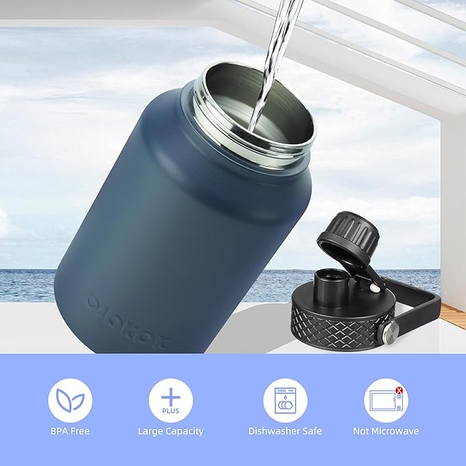 BJPKPK Insulated Water Bottles with Straw Lid, 50oz Large Water Jug, Stainless Steel Vacuum Bottles, Hot & Cold Thermo with 3 Lids and Paracord Handle,Navy Blue
