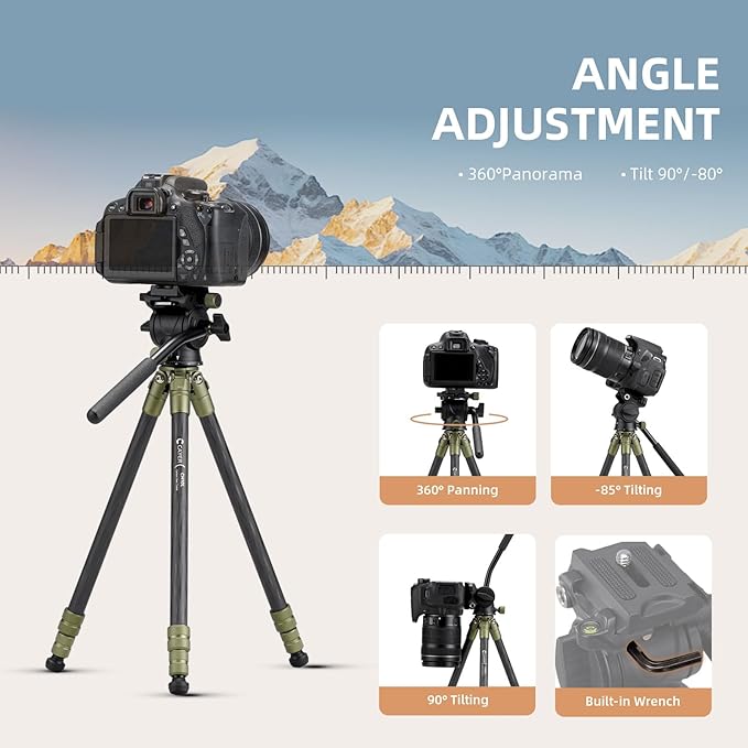 Cayer CH10L Carbon Fiber Tripod with S1 Mini Fluid Head, 28" Compact Desktop Stand, Tabletop Camera Support with Center Column for Mirrorless Cameras Video Camcorder Mobile Phone Webcam - Green