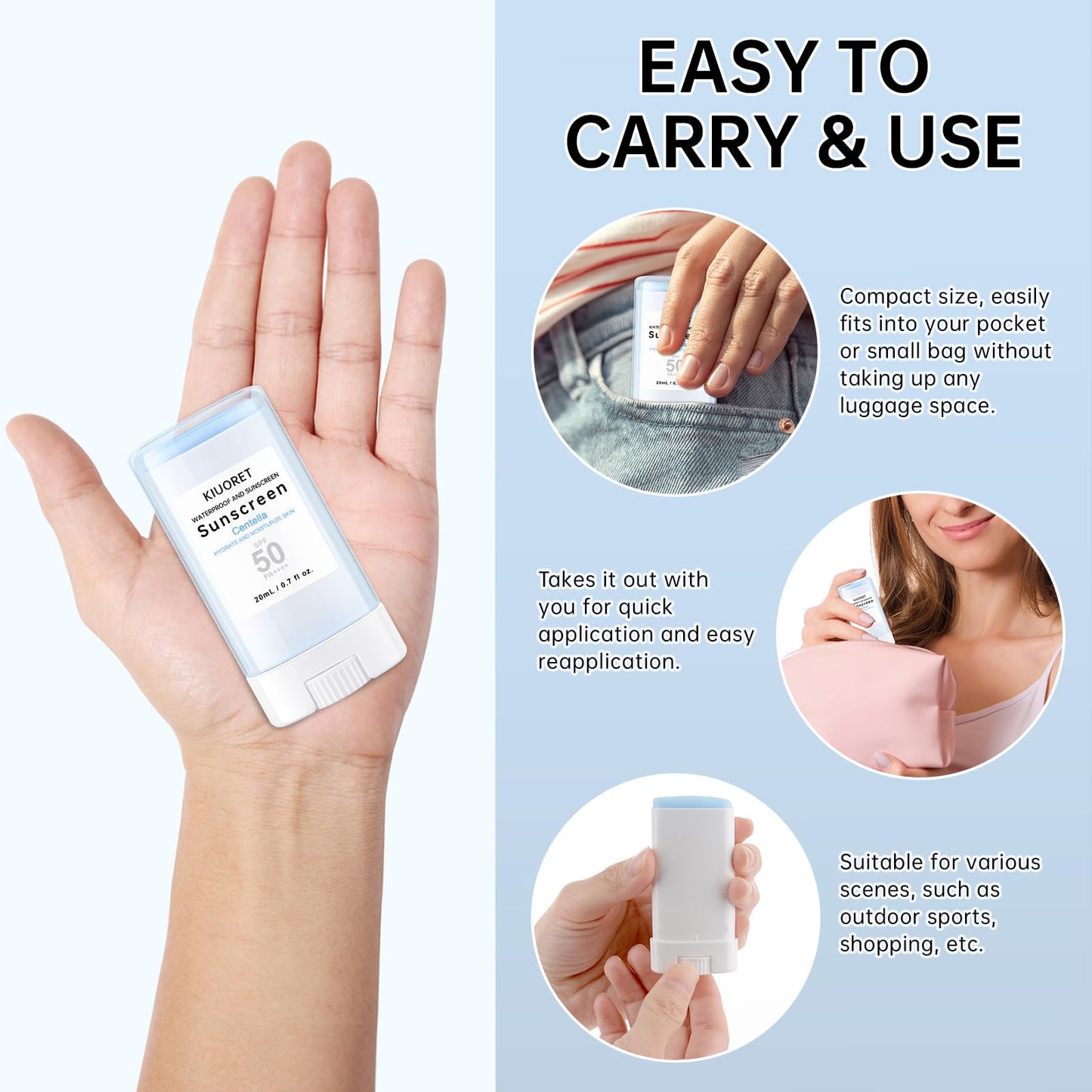 Face Suncream Stick with Centella SPF50+ PA++++, Sunscreen Moisturizer Travel Size 20 ml, Waterproof Long-Lasting, No White Cast, Lightweight to Absorb, Sunscreen Stick for All Skins