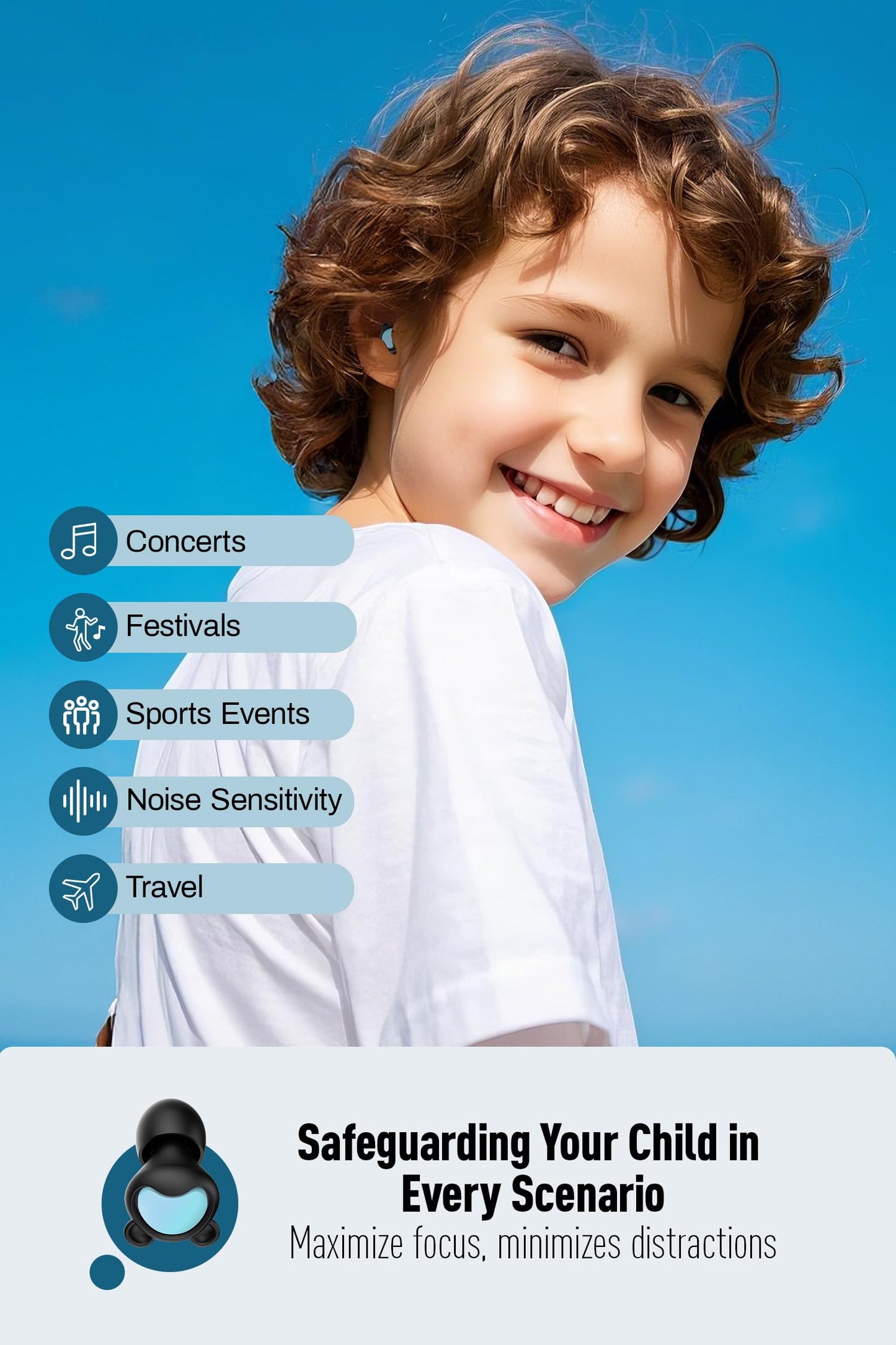 Kids Ear Plugs (6-12 Years) with Lanyard, Kids Ear Protection Reusable Noise Relief Earplugs for Focus, Travel, Concerts, Socializing, Events, Sleep, Anxiety, Stress, Home, School, Playtime - 26 dB