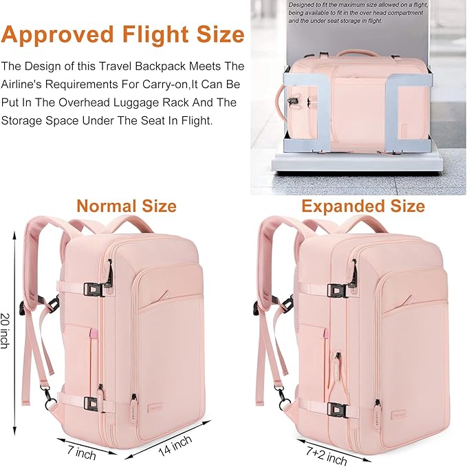 Carry on Travel Backpacks, Extra Large 40L Flight Approved Bag for Men & Women,Expandable Suitcase Backpack With 4 Packing Cubes,Water Resistant Luggage Daypack Business Weekender Bag,Pink