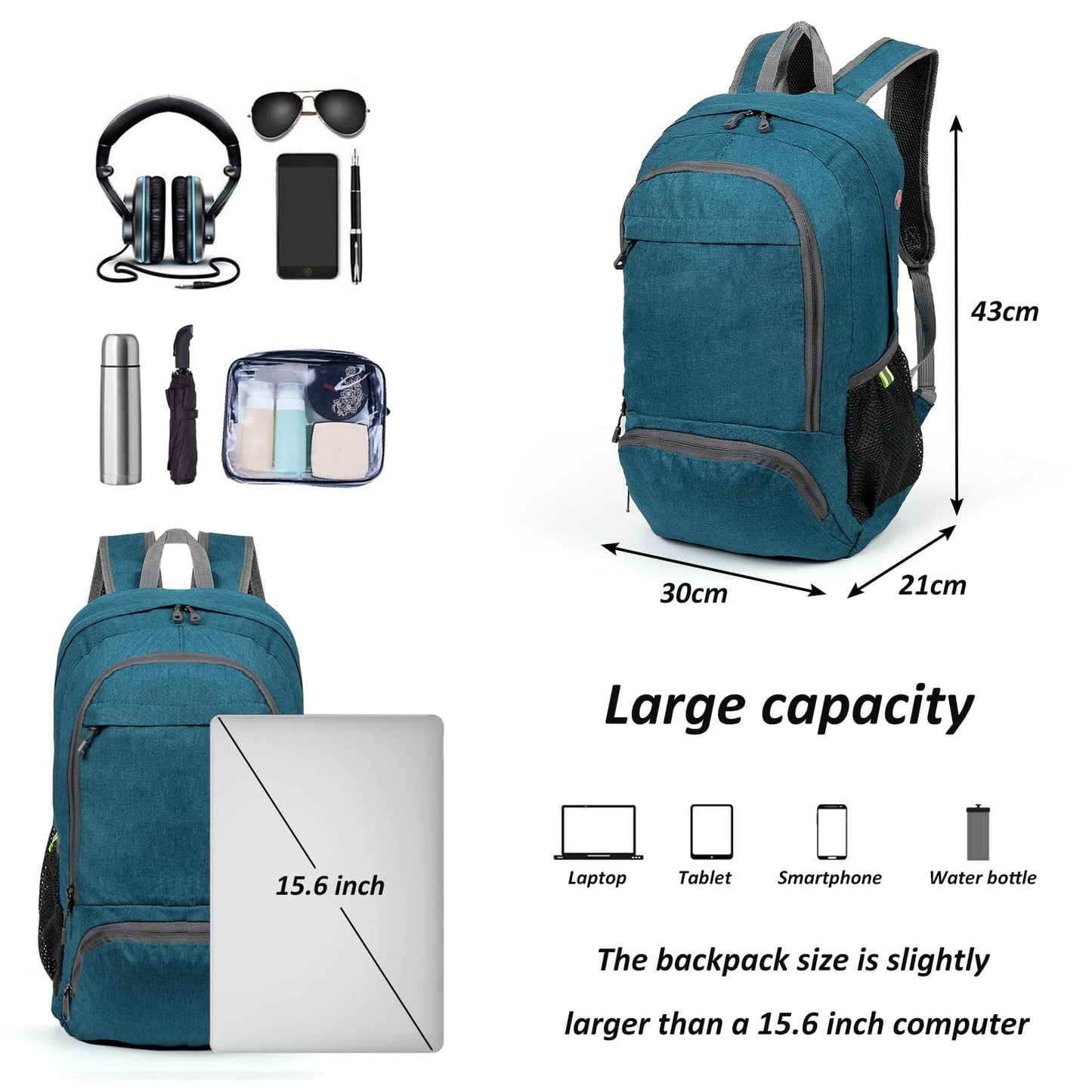 TANTOMI Small Hiking Backpack, 25L Ultralight Foldable Camping Backpack Breathable Travel Backpacks Hiking Daypack for Men Women (Teal Blue)