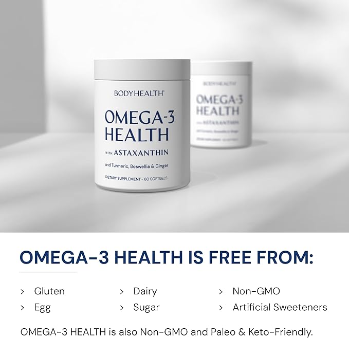 BodyHealth Omega 3 Health, Fish Oil Supplement for Women and Men, Heart and Brain Health, Fish Oil Pills, Fatty Acid Supplements, Omega 3 Vitamins - 60 Soft Gels