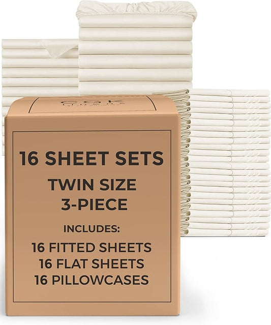 Bulk Case Pack of 16 Sheet Sets - (16) Complete Twin Size Sheet Sets w/ Deep Pockets - Wholesale Bulk Bedding for Hotels, Spas & Airbnbs - Breathable, Cooling, Soft & Wrinkle Free - (Twin, Off White)