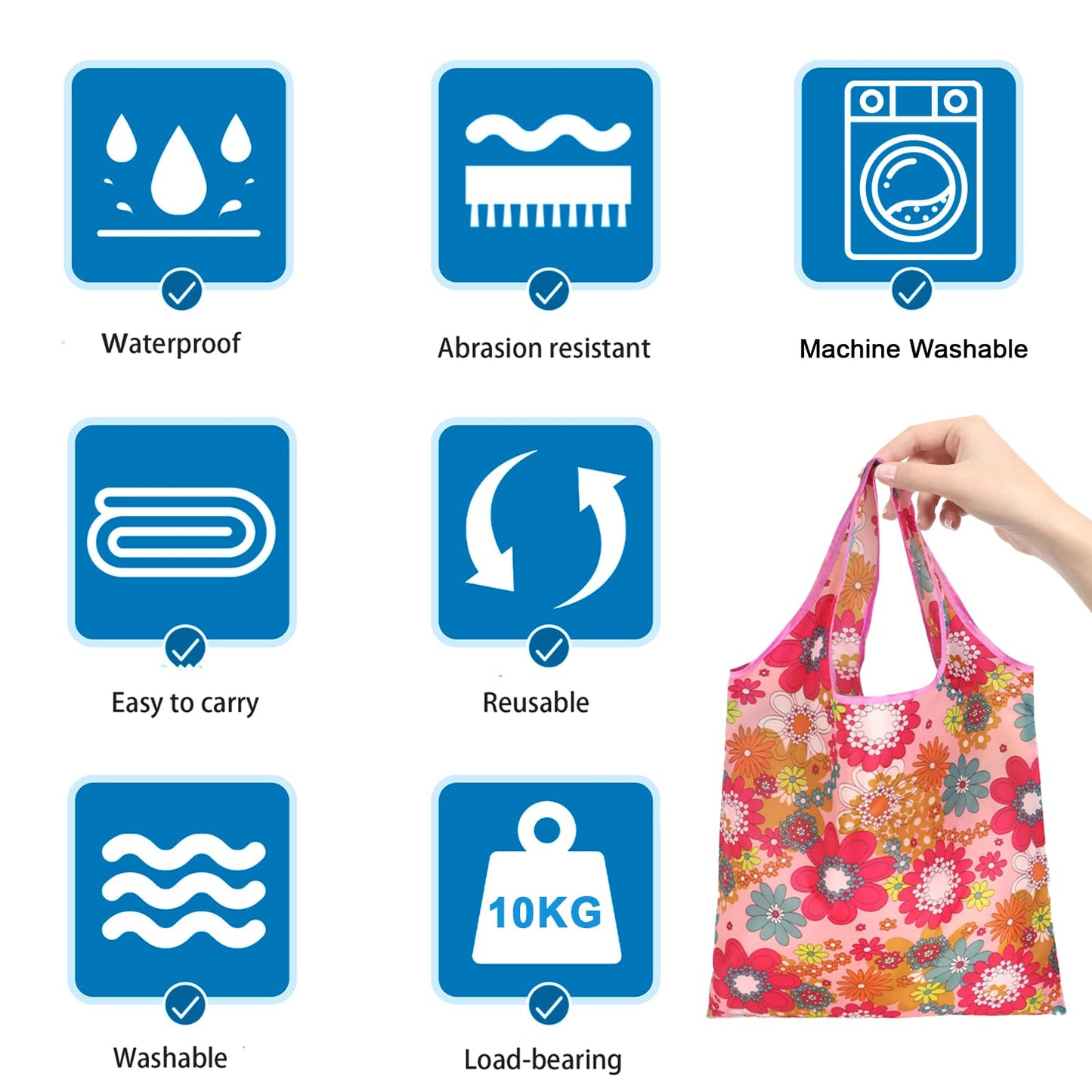 6 Pcs Reusable Shopping Bags Foldable, Machine Washable Shopping Grocery Bags in Pocket , Eco-Friendly Travel Recycle Shopping Bags, Waterproof Pouch Tote Bags for Daily Shopping Supplies load