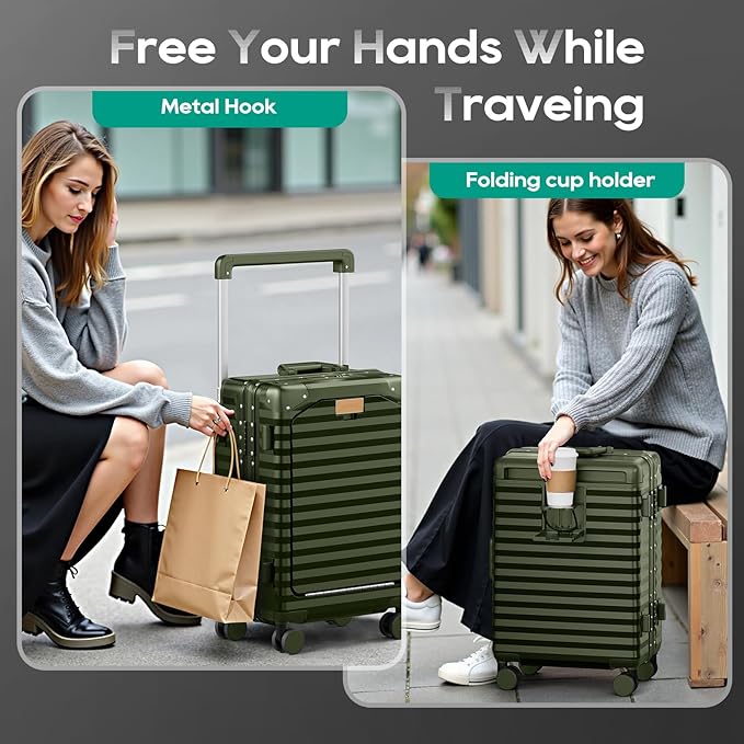 Joyway 20 Inch Carry on Luggage with Aluminium Frame and Front Pocket, PC Hardshell Suitcase with USB Port and Cup Holder, 21.5x14.2x9 Airline Approved Luggage with Spinner Wheel, TSA Lock(Dark Green)