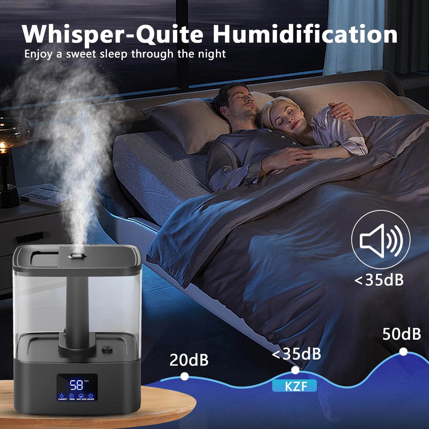 KZF 4L Top Fill Humidifiers for Bedroom & 60H Runtime - Cool Mist Humidifier, 3 Mist Levels, 8H Timer, Essential Oil Tray, Humidity Display, Quiet for Bedroom, Baby, Plants, Large Room