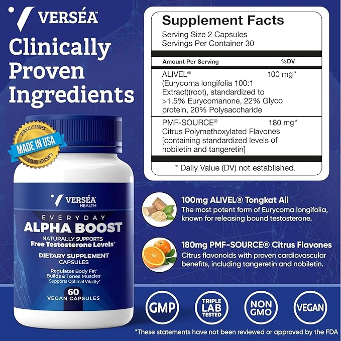 Alpha Boost – Natural Free Testosterone Support, Energy, Stamina, Endurance & Vitality for Men & Women, Multivitamin for Healthy Aging & Performance & Utilizes VESIsorb® (60 Ct)