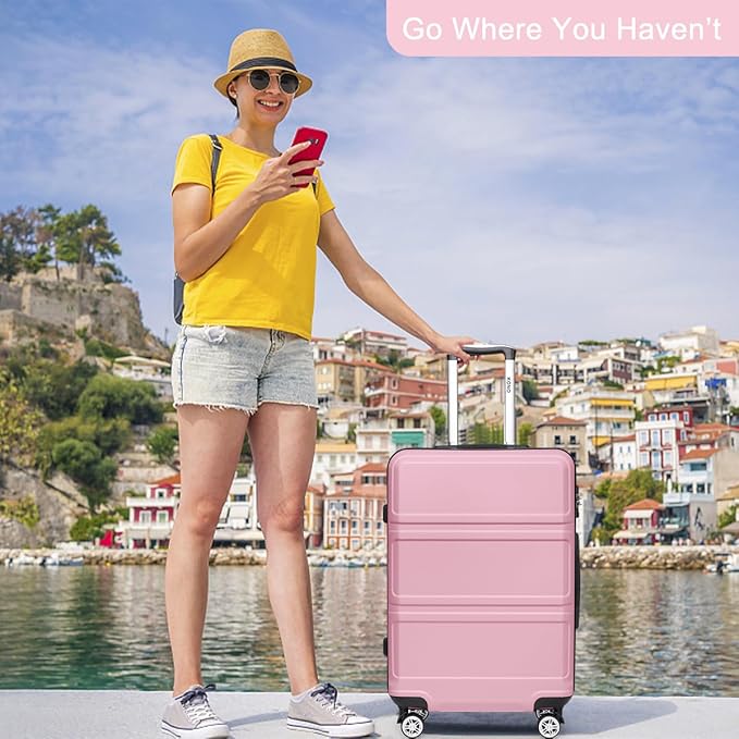 Kono 24 Inch Luggage Suitcase Lightweight with Spinner Wheels TSA Lock Hardside Medium Checked Luggage Durable Rolling Suitcase Pink