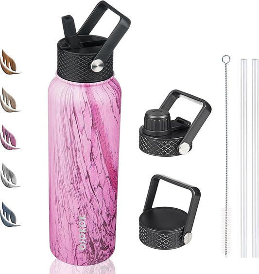 BJPKPK Insulated Water Bottles with Straw Lid, 40oz Stainless Steel Water Bottles with 3 Lids, BPA Free Leakproof Thermo, Tumblers, Cups for Sports, Gym- Wood Pink