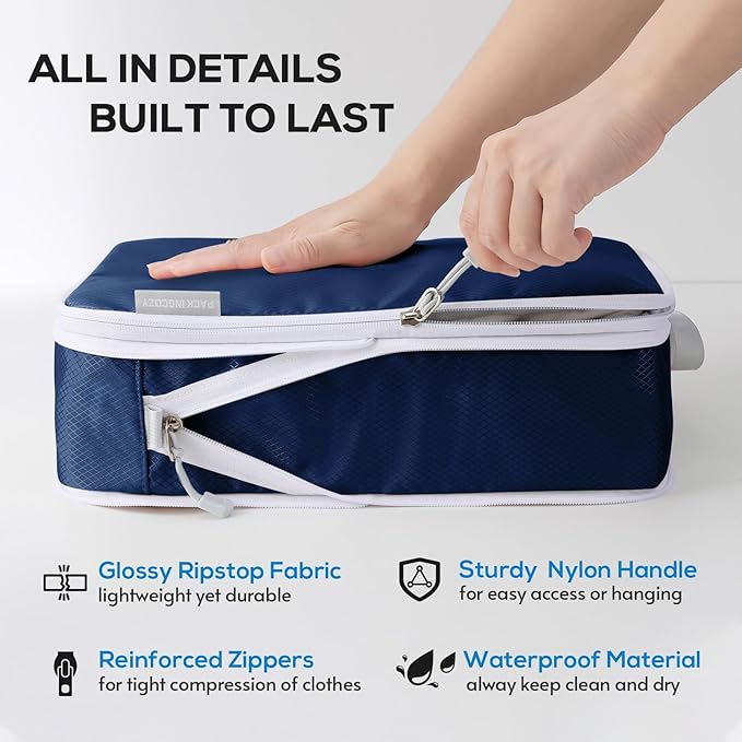 Compression Packing Cubes, 6 Set Packing Cubes for Travel Compression, Lightweight Compressible Package Organizer for Carry On and Suitcases, Navy and White