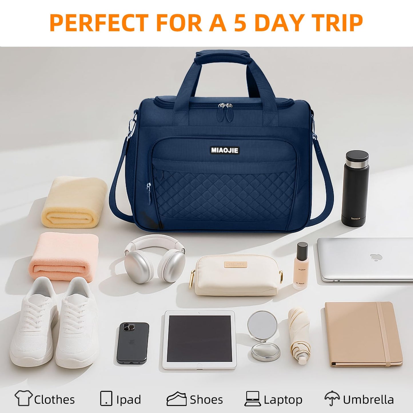 Travel Duffle Bag for Women, Underseat Carry On luggage Bag Foldable Overnight Weekender Hospital Bag Lightweight Airplanes Personal Item Travel Tote Bag for Women Birthday Gifts, 18IN Navy Blue