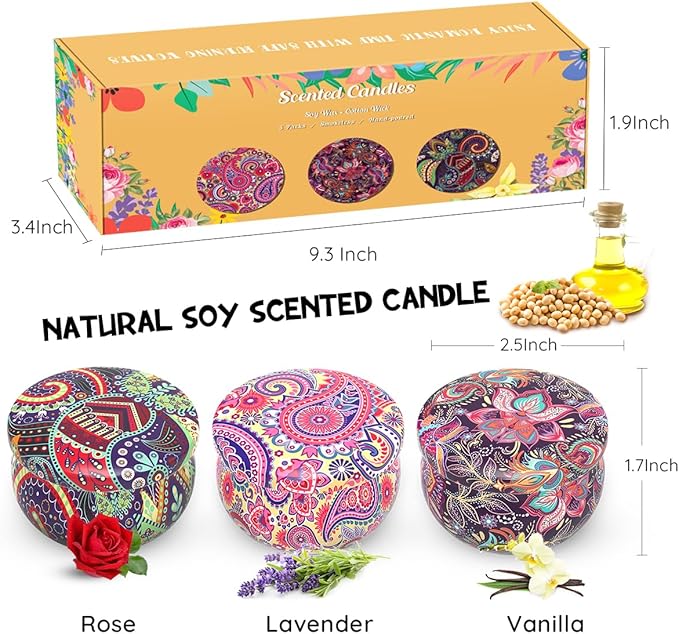 Scented Candles Gift Set for Christmas Thanksgiving, 3 Packs Natural Soy Wax Portable Travel Tin Candle, Bohemia Aromatherapy Gift Basket for Friends Classmates Colleagues