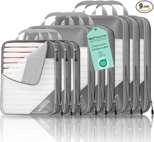9 Set Compression Packing Cubes for Travel - Compressible, Lightweight, and Space-Saving Packing Cubes, Travel Essentials for Women, Grey