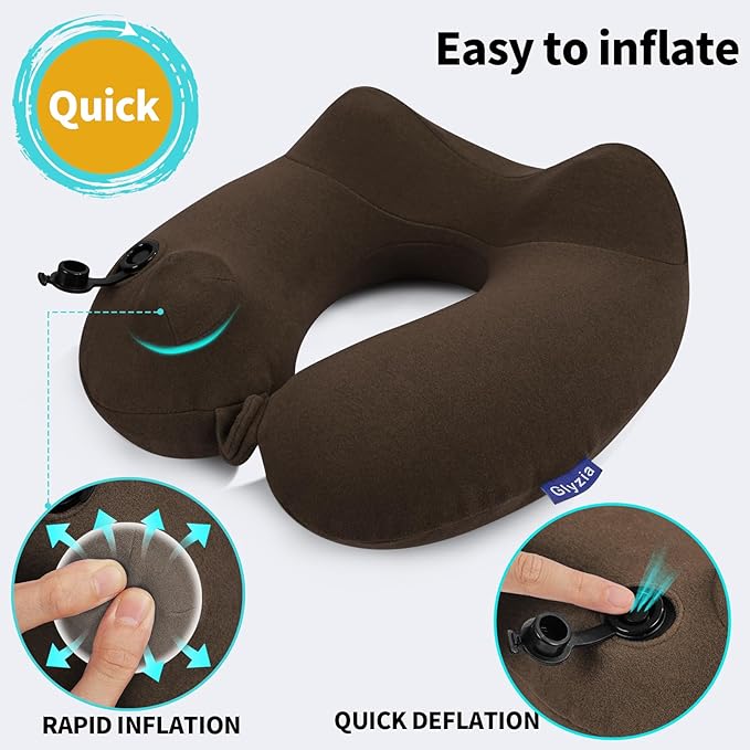 2 Pack Inflatable Travel Neck Pillows for Airplanes, Head Support Velvet Adult Neck Pillows for Long Flight, Kit with Eye Mask, Earplugs and Storage Bag, 2, Brown