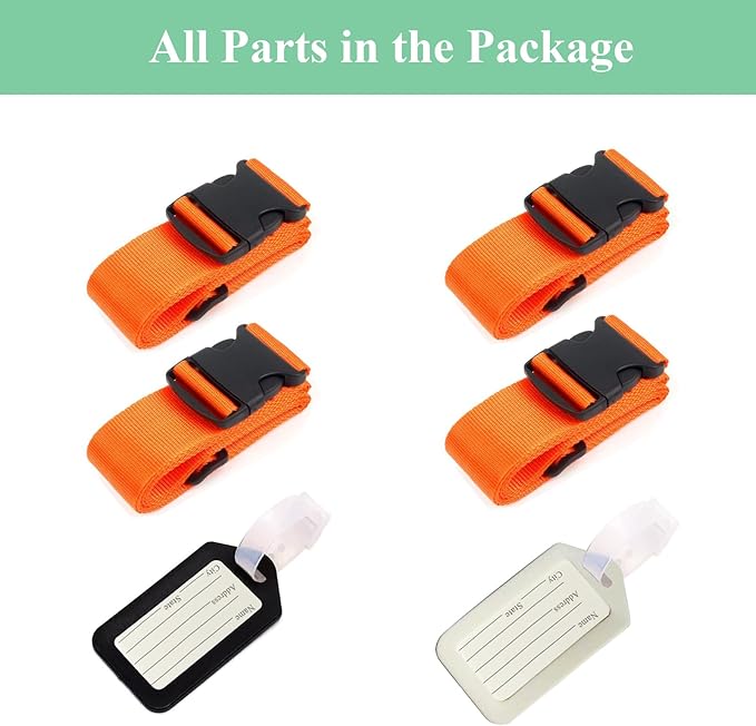 4PCS Luggage Straps for Suitcases & 2PCS Tags Set for Easy Identification,Travel Accessories for Safety,Luggage Strap for Travel Suitcase & Bag Closure,Orange