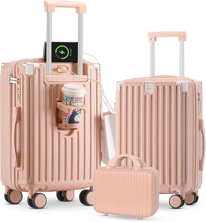 20 Inch Carry On Luggage With Cup Holder & USB Port, Airline Approved TSA-locked Luggage, Lightweight PC Material Travel Suitcase With 360° Spinner Wheel (14-20-24in Pink, 14-20-24in)