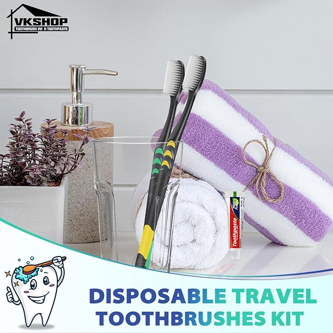24 PS Individual Wrapped Travel Toothbrush Set with Toothpaste, Bulk Disposable Toothbrushes Kit，Soft Toothbrushes for Adults for Travel, Hotel, Business Trips，Daily Backup（Black,Toothpaste 5g）