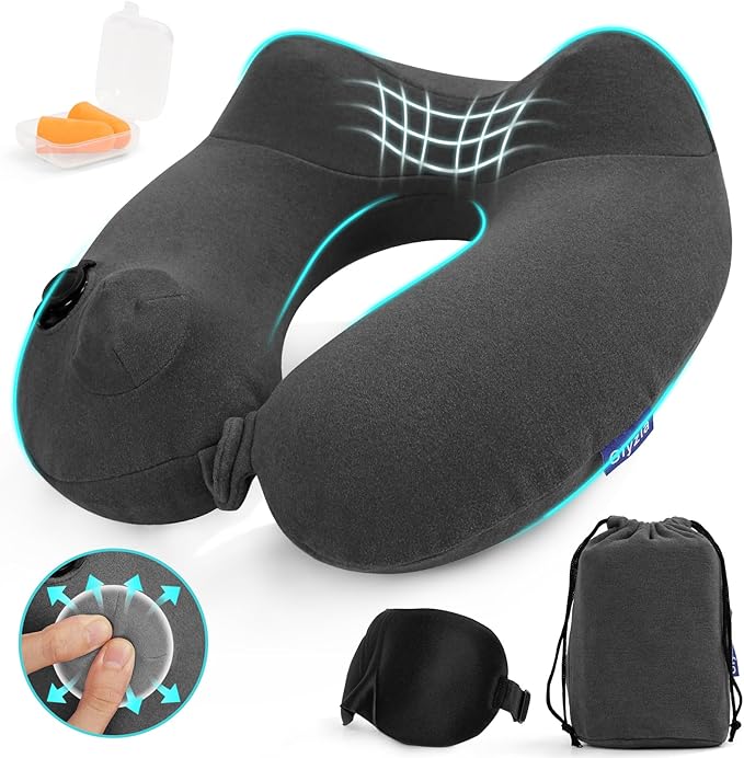Inflatable Travel Neck Pillow for Airplane, Head Support Velvet Adult Neck Pillow for Long Flight, Kit with Eye Mask, Earplugs and Storage Bag,1, Dark Gray