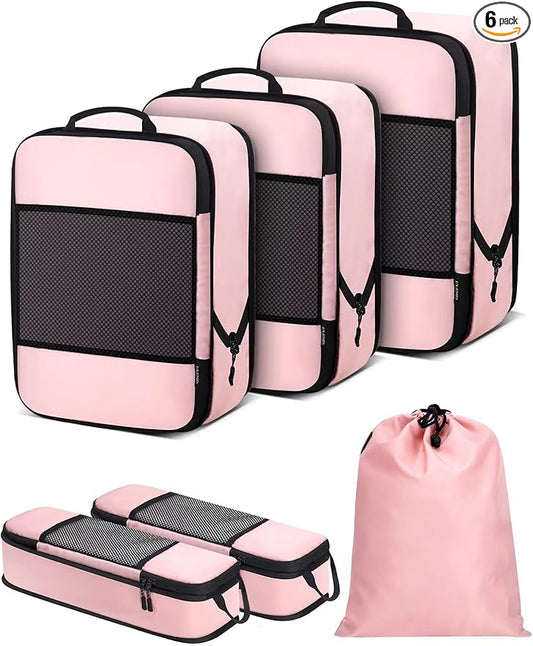 6 PCS Set Compression Packing Cubes for Travel, Lightweight Packing Organizer Bags Travel Essentials for Carry On, Suitcase, Home Closet - Pink