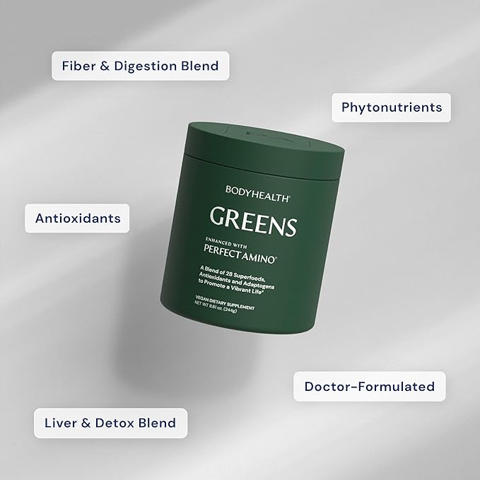 BodyHealth Greens Enhanced with PerfectAmino - Daily Superfood Green Apple Smoothie Powder with Vegetables, Fruit, Antioxidants, Prebiotics, Probiotics, Fiber, and Protein - 40 Servings