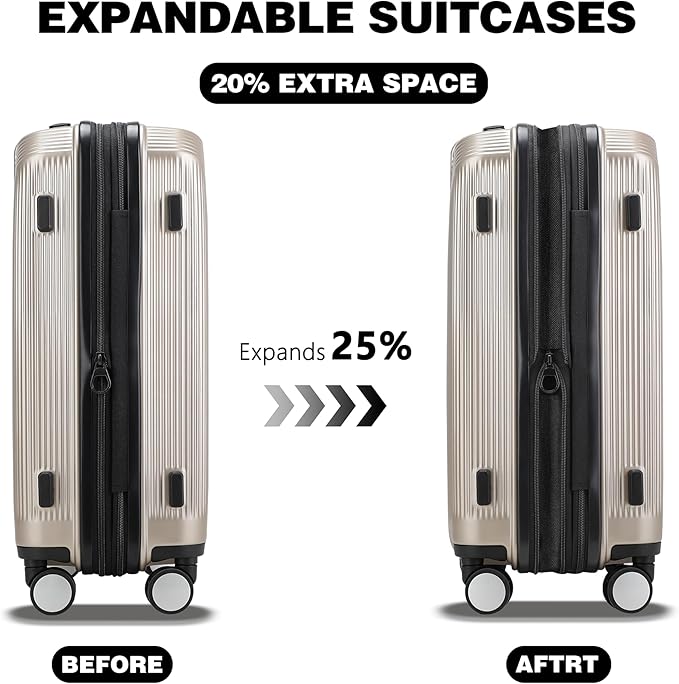 20 Inch Lightweight Expandable Carry On Luggage, PC Hardside Suitcase with Spinner Wheels & TSA Lock, Carry-on 20-Inch, Champagne