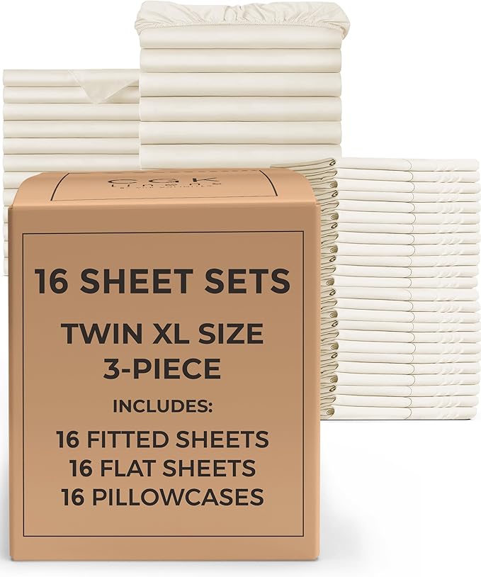 Bulk Case Pack of 16 Sheet Sets - (16) Complete Twin XL Size Sheet Sets w/ Deep Pockets - Wholesale Bulk Bedding for Hotels, Spas & Airbnbs - Breathable, Cooling & Wrinkle Free - (Twin XL, Off White)