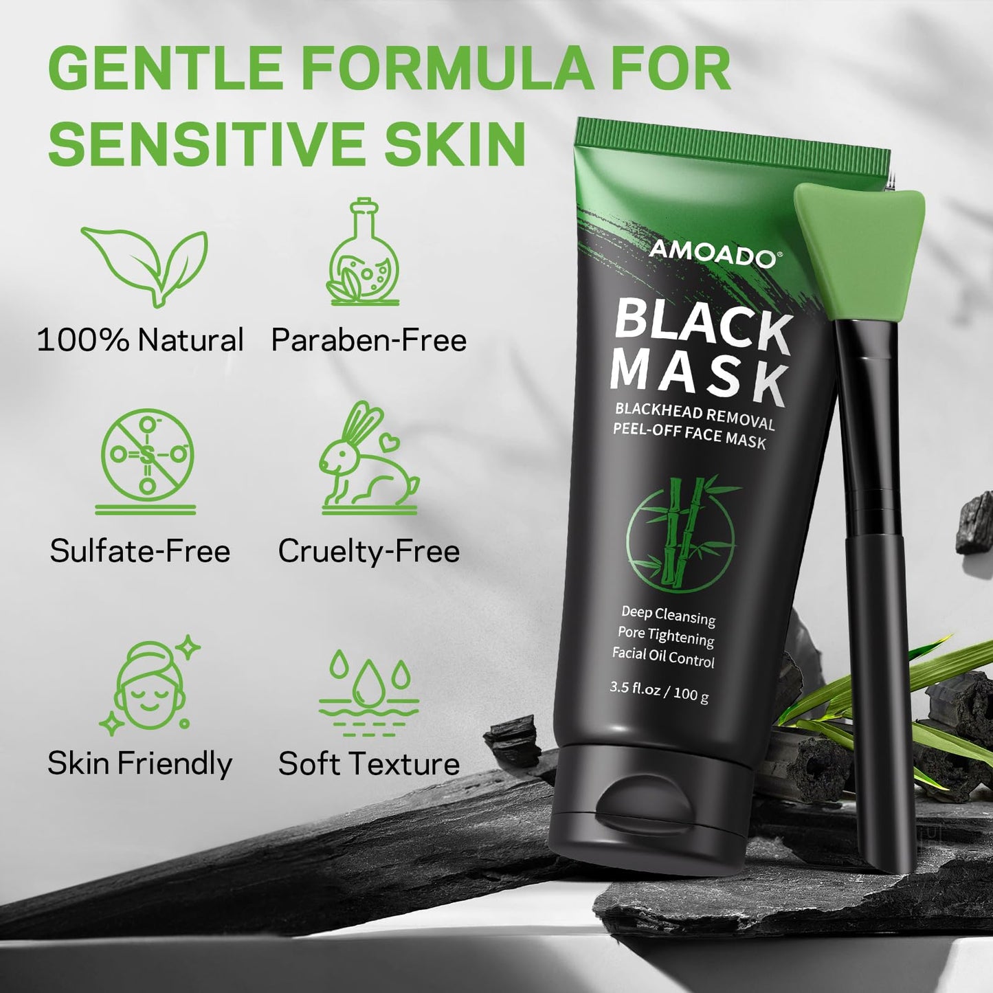 AMOADO Blackhead Remover Mask, Charcoal Peel Off Face Mask Kit, (100g) Deep Pore Cleans,Oil Control, Blackheads Removal Peel Off Black Mask for Men & Women – Includes Brush,Extractor Tool