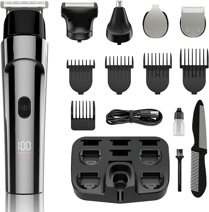 Beard Trimmer for Men, 5-in-1 Cordless Hair Clipper Kit with Foil Razor, Waterproof Body, Nose & Ear Groomer, Precision Trimming for Beard, Hair & Body Care (Gray)