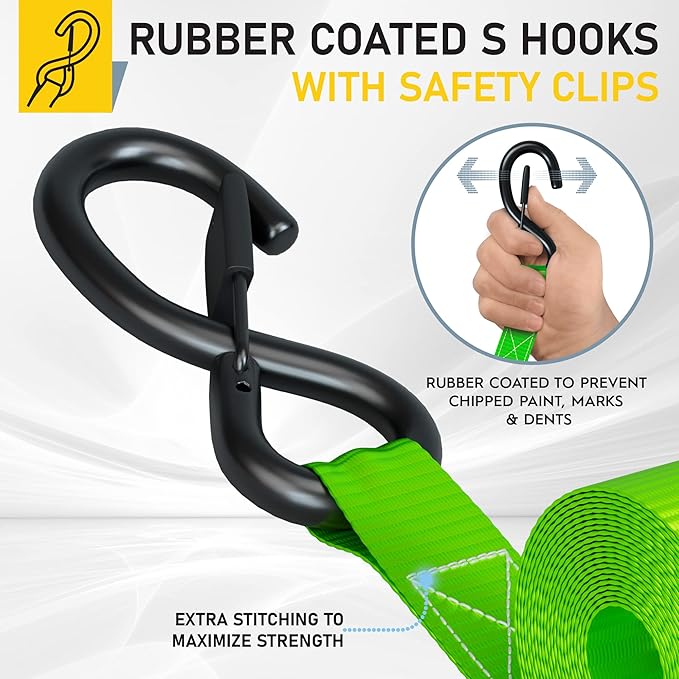 AUGO Ratchet Straps Heavy Duty 4 Pack -15 FT - 2200 LB Break Strength – with Safety Lock S Hooks - Cargo Straps for Moving, Appliances, Motorcycle – Soft Loop Tie Down Straps