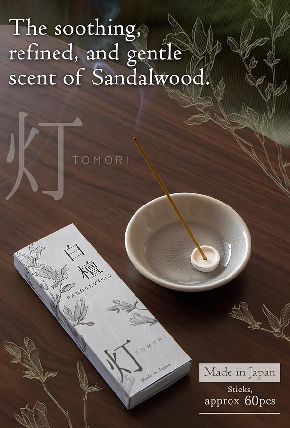Sandalwood Premium Japanese Incense Sticks 60sticks Coreless Low Smoke Natural Charcoal Free Non Toxic Temple Kyoto Aroma Aromatherapy Meditation Calming Stress Relief Relaxation Yoga Zen TOMORI