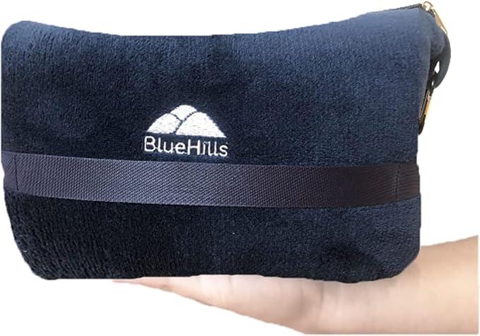 BlueHills Premium Soft Travel Blanket Pillow in Mini Soft Case Plush Airplane Blanket Compact Pack with Luggage Belt and Backpack Clip Long Flights Essentials Navy Blue M04