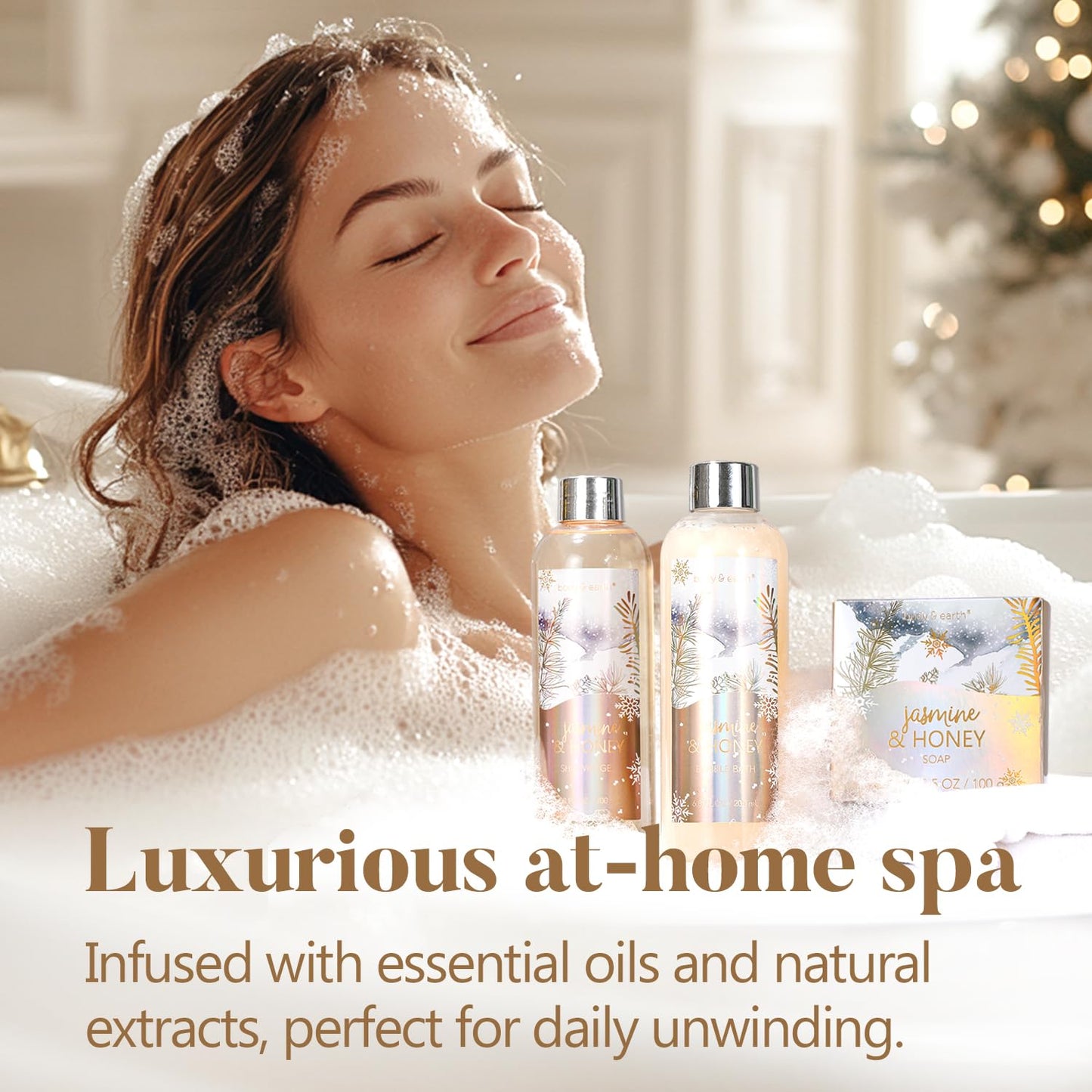 Gift Baskets for Women, Body & Earth Gift Set with Jasmine & Honey Scent Includes Bubble Bath, Hand Cream, Holiday Gift Baskets, Bath and Body Gift Sets for Women, Happy New Year Gifts