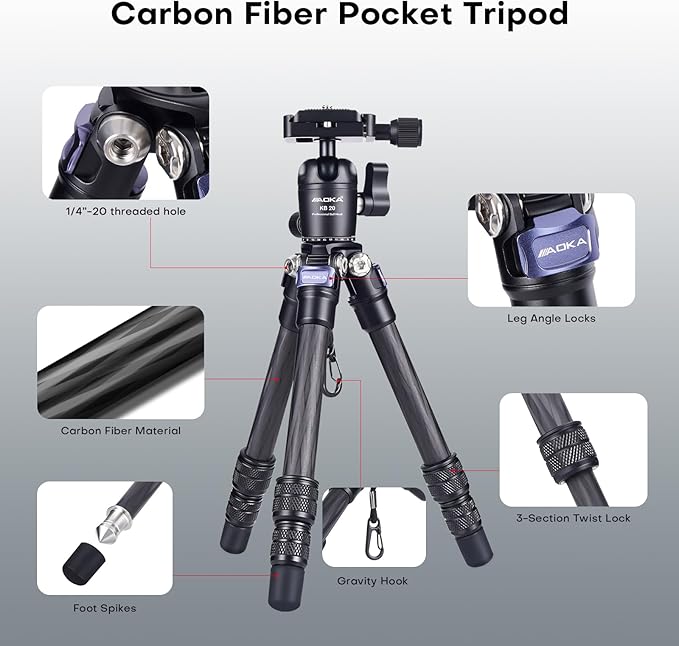 AOKA 15.75"/0.99 lbs Mini Carbon Fiber Tripod, Compact Pocket Travel Tabletop Tripod for Mobile Phones, Mirrorless Cameras, Digital Cameras, Projectors, Webcams